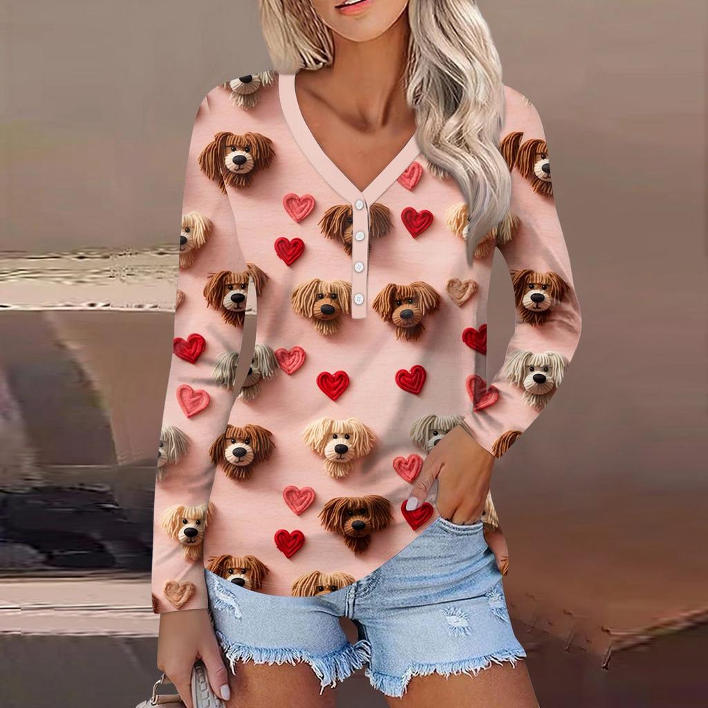 Женский модный повседневный топ с длинным рукавом и V-образным вырезом на пуговицах ко Дню святого Валентина с принтом в виде сердца