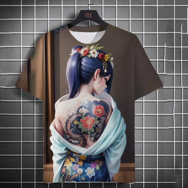 Men's T-shirt 3D Printed Anime Goddess Back Tattoo Print T-shirt Casual Loose Short Sleeved T-shirt Men's Home Clothing Top