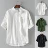 Men's Summer Stand-up Collar Linen Five-minute Sleeve Shirt Large Size Solid Color Loose Casual Tops