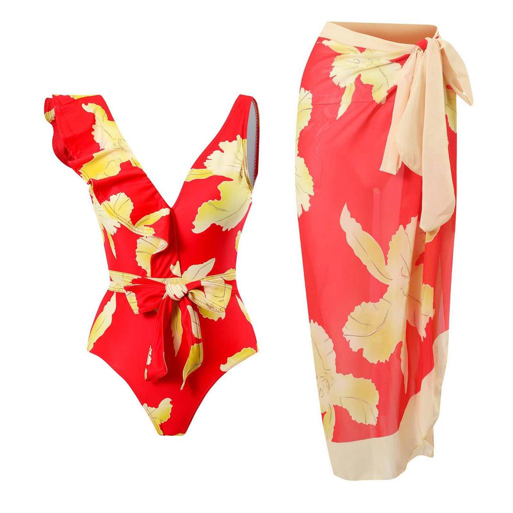 New Sexy One-piece Swimsuit Women's Retro Ruffle Chiffon Skirt Swimsuit Set
