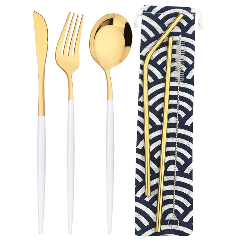 6 шт., набор столовых приборов для кемпинга, дорожный набор столовых приборов, нож, вилка, ложка, соломинка с портативной сумкой, набор посуды из нержавеющей стали