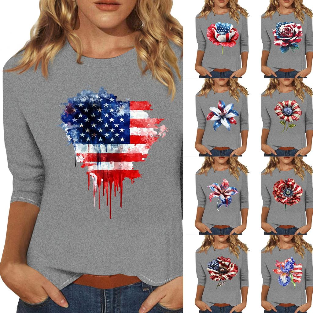 3/4 Sleeve Tops For Women T-Shirt Casual Print Tops T Shirt Round Neck Pullover Blouse