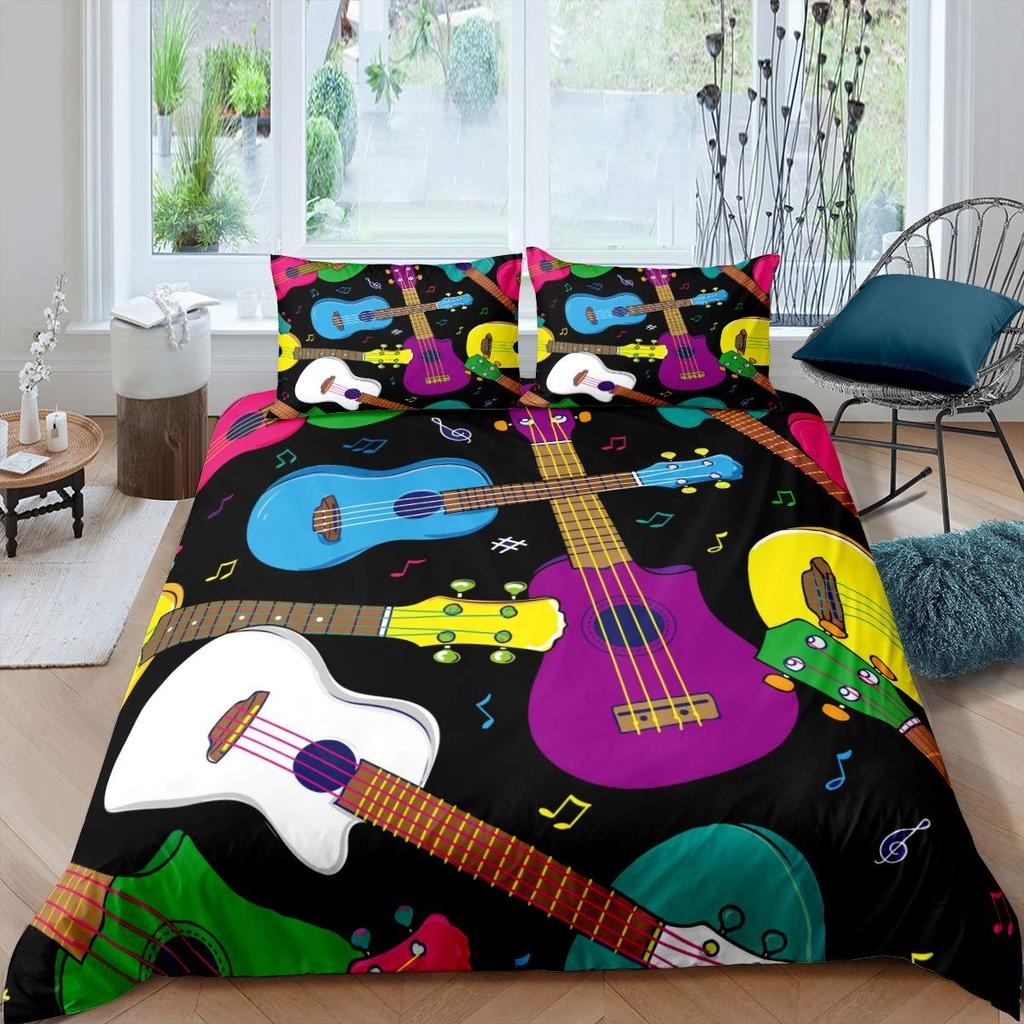 Guitar Duvet Cover Set Music Theme Bedding For Teens Microfiber Vintage Grey Guitar On Wooden Floor Quilt Cover Queen King Size