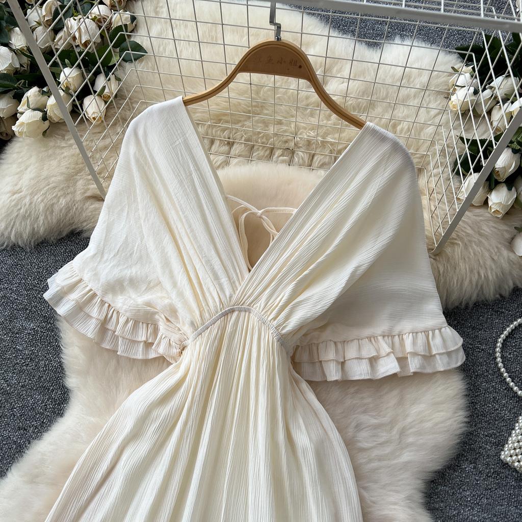 Летние женские платья макси с глубоким V-образным вырезом и оборками из цельного шифона большого размера в стиле бохо на пляже и праздниках