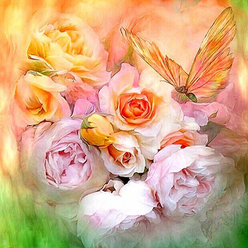Diamond Embroidery Pink Roses & Butterfly Pattern Diamond Painting Picture Rhinestones Cross Stitch