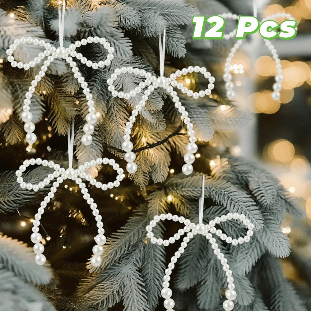 12PCS with Ribbon Strap Christmas Pearl Bow Hanging Ornaments Pearl Bow Handbag Charm Wedding