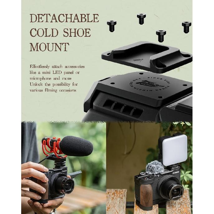 TILTA Vintage Camera Cage for Canon PowerShot V1 Base Kit - Black Microphone Windscreen Top Plate Mounting Baseplate with Wooden