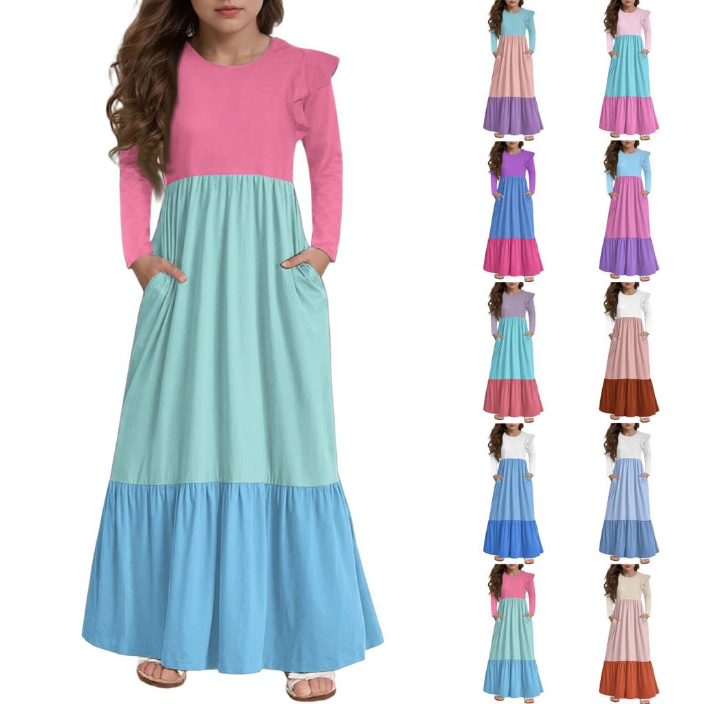 Girls' Tiered Ruffle Dress - Long Sleeve Printed Maxi With Pockets