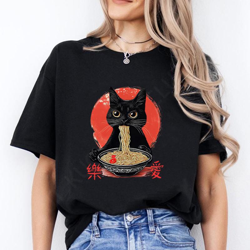 Noodle Cat Женские футболки Смешные Ramen Черная футболка с кошкой Женская одежда Обычные топы с коротким рукавом Женская мода Футболки с мультяшной графикой Женские