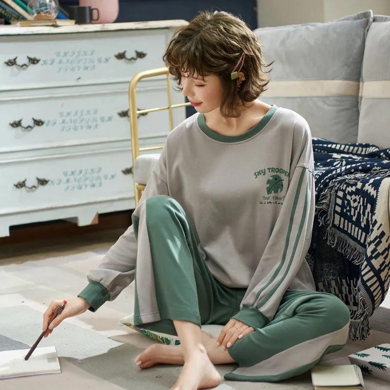 Женский хлопковый пижамный комплект, весенне-осенний пижамный комплект с длинными рукавами, милый мультфильм, зимняя домашняя одежда больших размеров, повседневный свободный пуловер с круглым вырезом, ночная рубашка