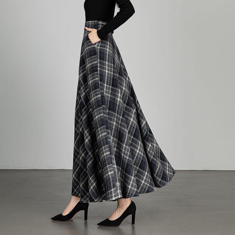 New Woolen Plaid Skirt for Women Mid-length Autumn and Winter Slimming High-waisted A-line Skirt Casual Long Skirt