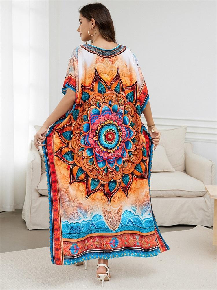 EDOLYNSA Causal Boho Printed V Neck Plus Size Loose Kaftan House Dress 2024 Women Summer Beach Wear Swim Suit Cover Up Loose Robe Q1594