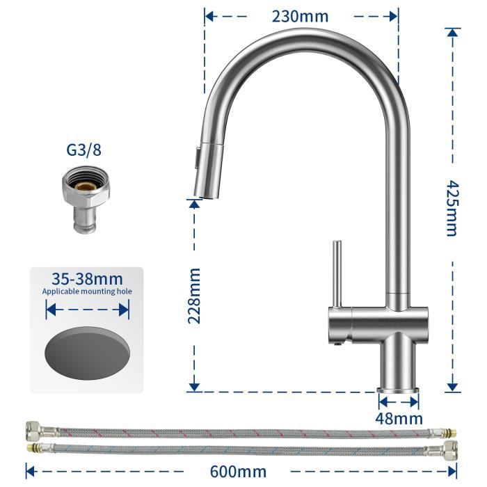 Mitigeur de Cuisine - CECIPA - Douchette Extractible - Acier Inoxydable Brossé - Rotatif 360° - 2 Modes de Jet
