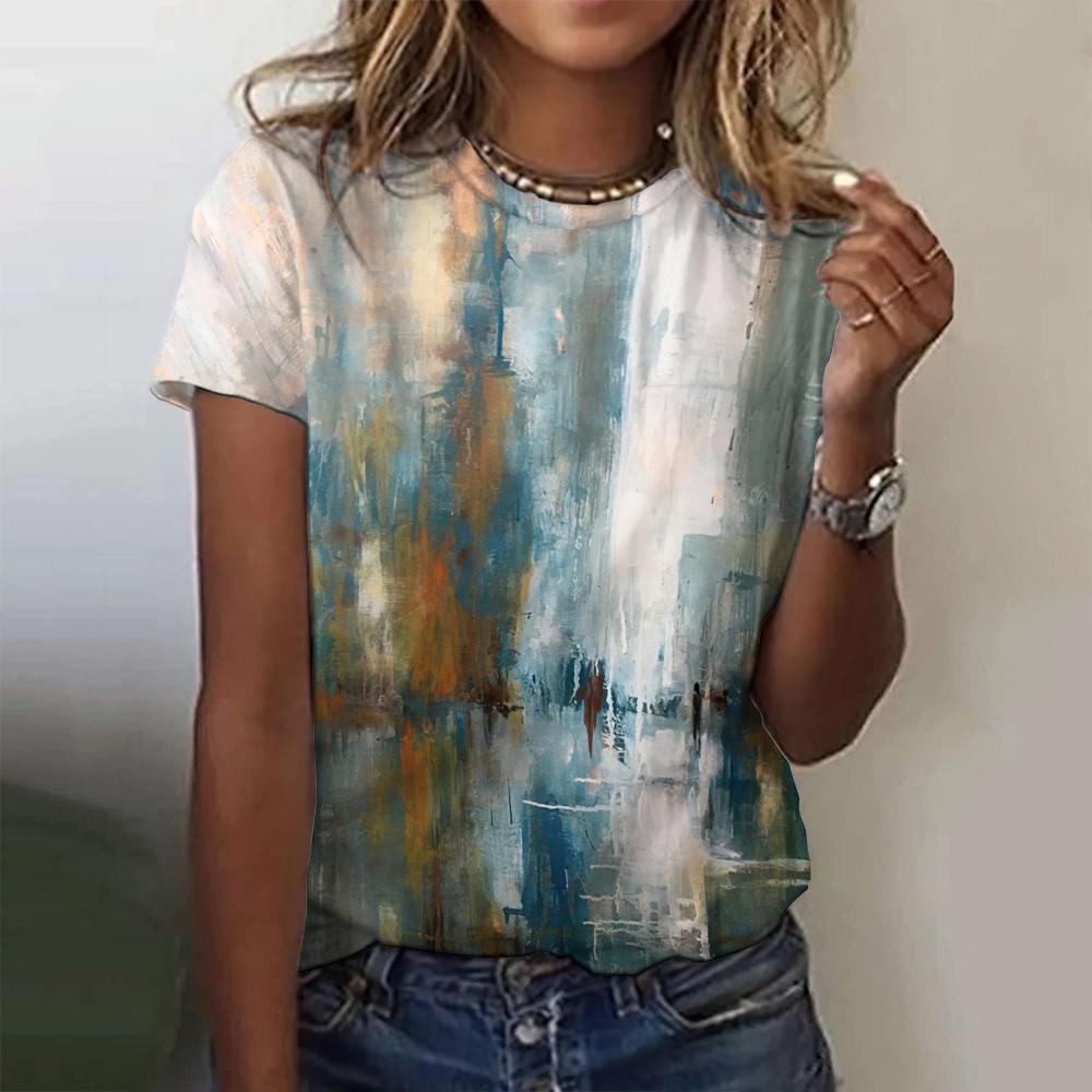 Женские футболки с 3D-печатью, узором в виде масляной живописи, круглым вырезом и коротким рукавом, Y2k, Харадзюку, Топы, Женская одежда