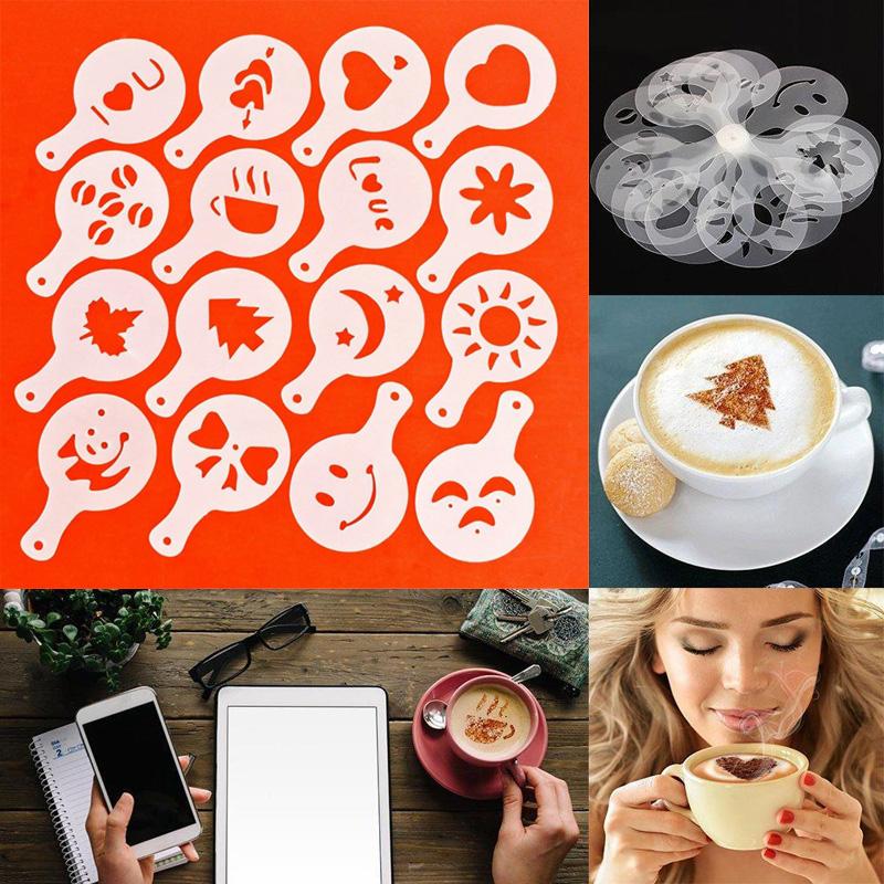 16 шт., форма для рисования кофе, креативная модель печати, кофейная пена, распылитель, трафареты для торта, сахарная пудра, сито