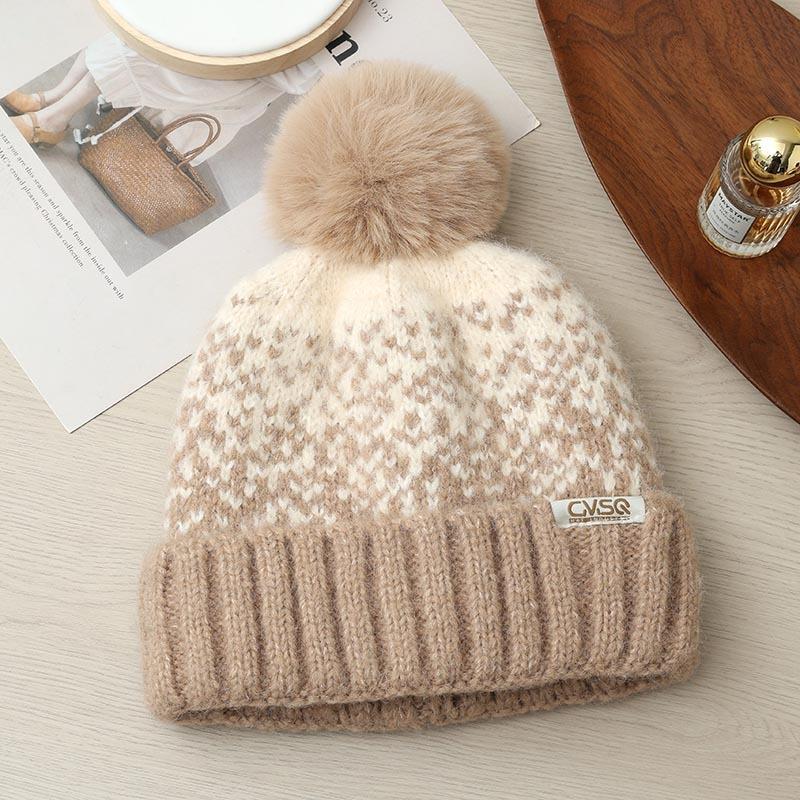 Autumn and Winter Windproof Thickened Thick Thread Wool Hat Knitted Hat Jacquard Warm Ear Hat Women's Outdoor Travel
