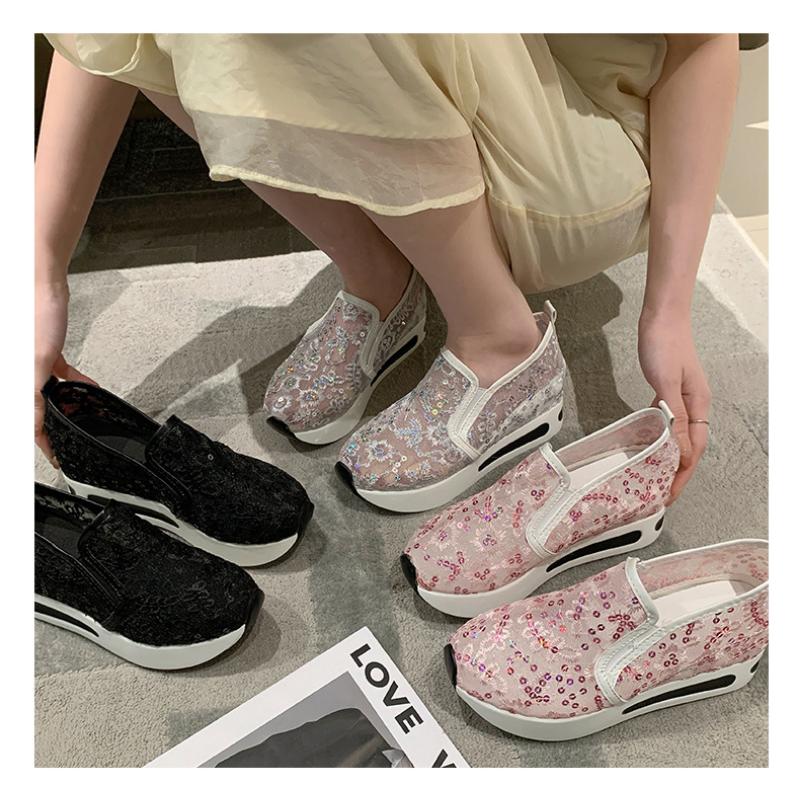 Женские одиночные туфли с приподнятой внутренней частью, весенне-летняя корейская версия, повседневная женская обувь с кружевной сеткой и пайетками, на толстой подошве