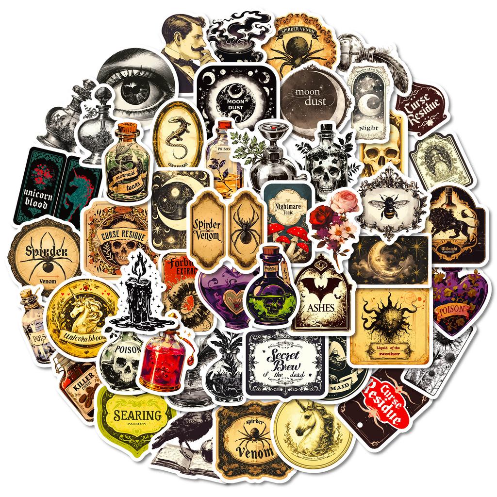 50PCS European Retro Gothic Apothecary Stickers, Creative Graffiti Decals for Laptop, Skateboard & Decoration