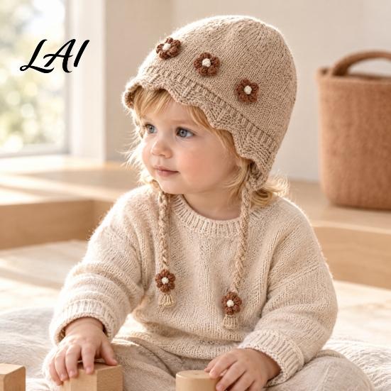 Baby Winter Hat Woolen with Floral Decor Windproof Warm Knitted Infant Earflap Cap Hat Ear Protection for Autumn And Outdoor Wear Toddler Girl