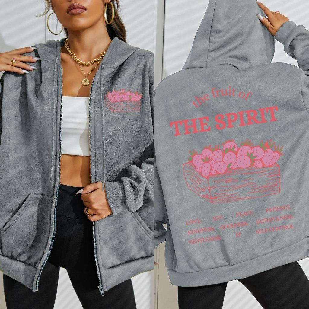 The Fruit Of The Spirit Strawberry Prints Women Zipper Hoodies Harajuku Casual Hoody Loose Clothes Autumn Top