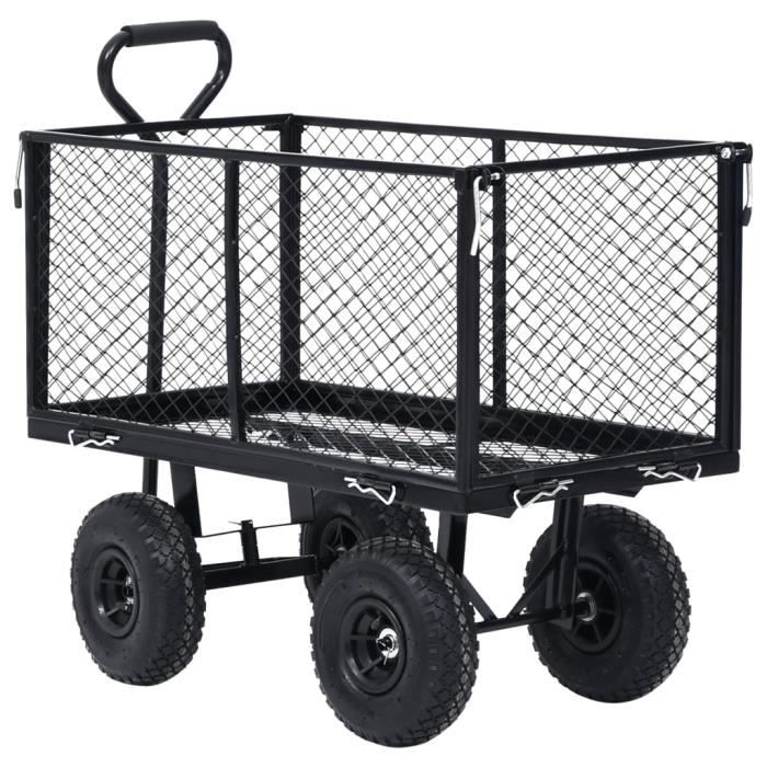 Chariot à main - Noir - Acier durable - 350 kg - Grandes roues pneumatiques - Jardinage