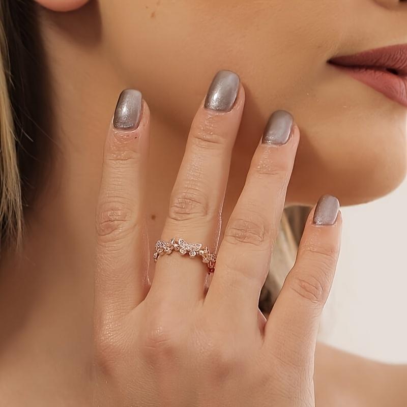 1 шт., элегантный и классический стиль, серебристо-розово-золотистое открытое кольцо в форме бабочки, инкрустированное блестящим циркониевым кольцом