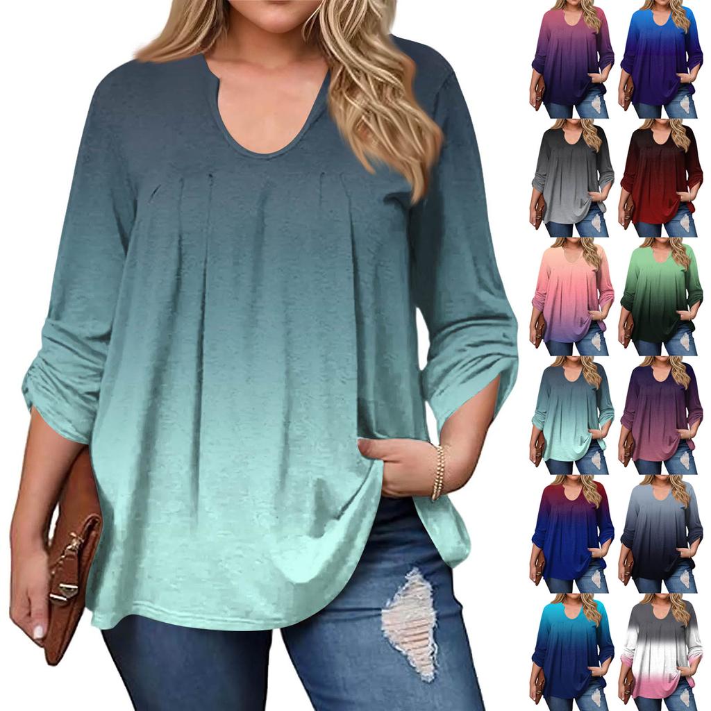 Women's Plus Size Fashion Printed Casual Pleated Round Neck Long Sleeve Top