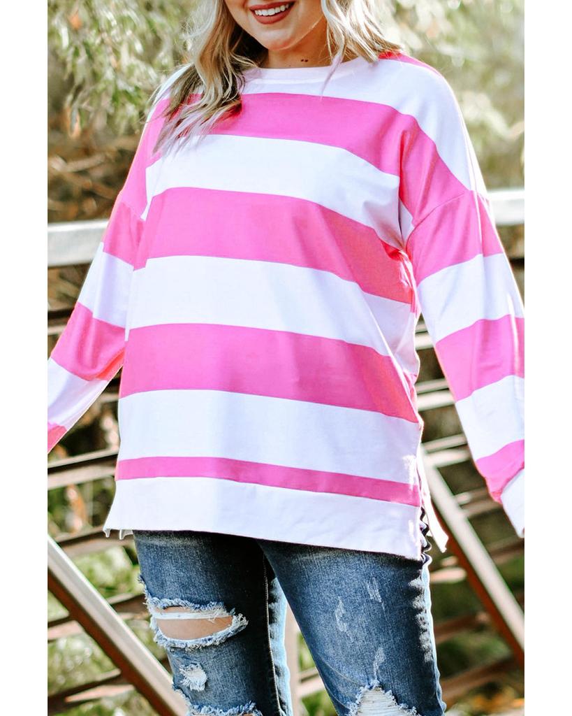Azura Exchange Pink Striped Side Slit Plus Size Sweatshirt