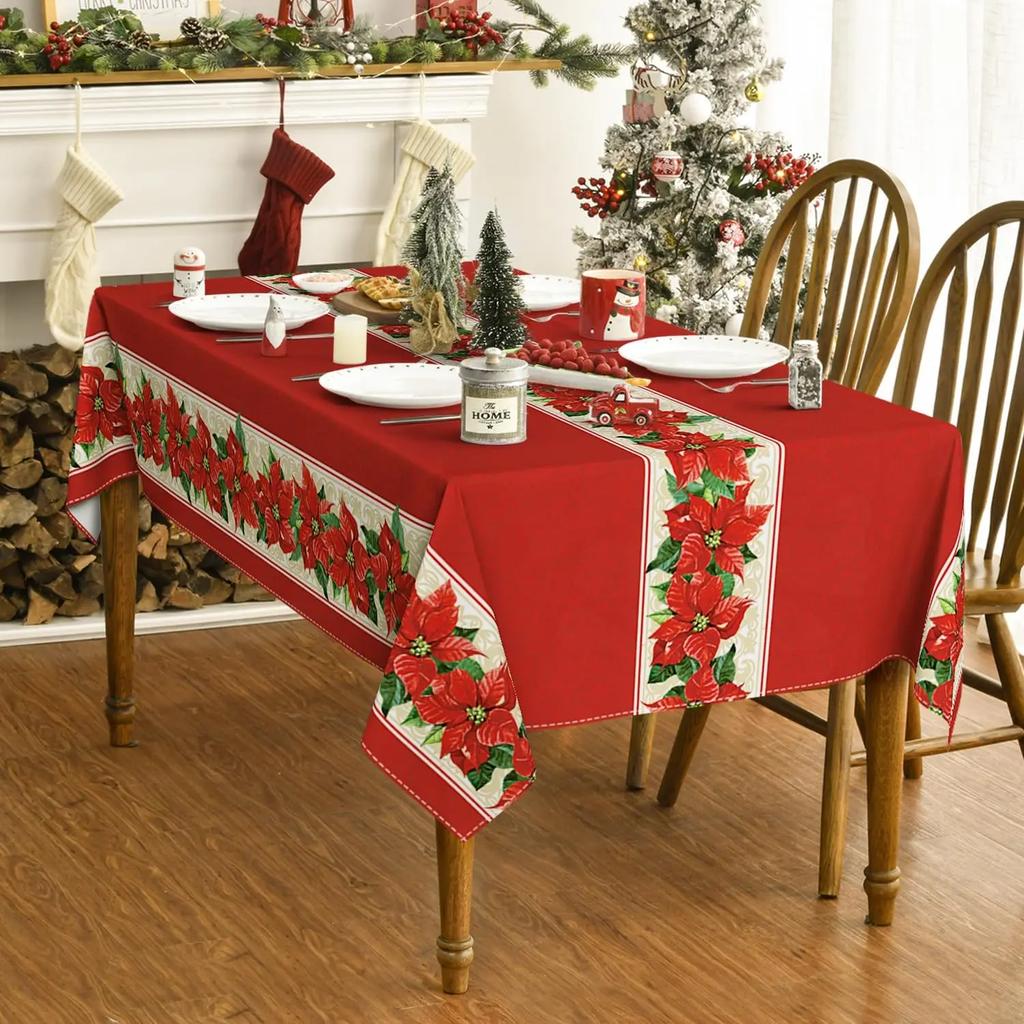 Red Rectangle Christmas Tablecloths with Poinsettia Print for Winter Xmas Wedding Party Dining Room Table Decor Navidad Decorations