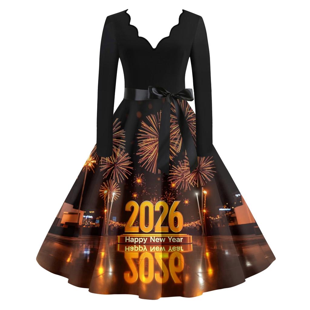 Женское повседневное модное платье винтажного стиля с V-образным вырезом и новогодним принтом
