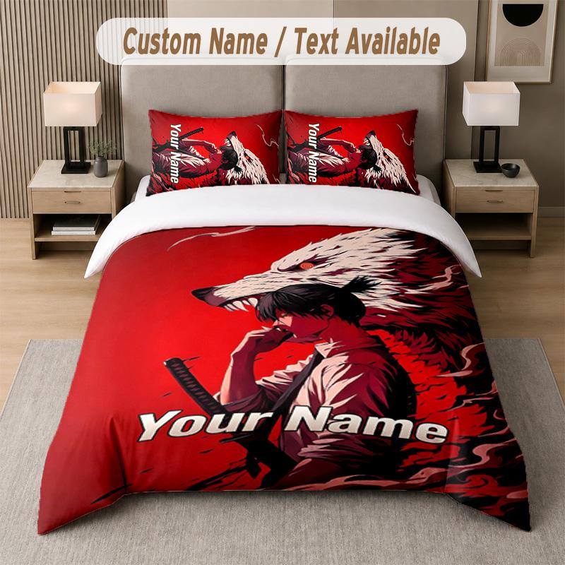 Chainsaw Man 3Pcs Bedding Set, Personalized Custom Name Text, 1 Duvet Cover & 2 Pillowcases For Bedroom