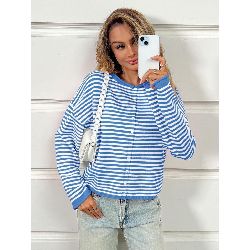 Женский полосатый контрастный свитер на осень и зиму, повседневный кардиган с длинными рукавами