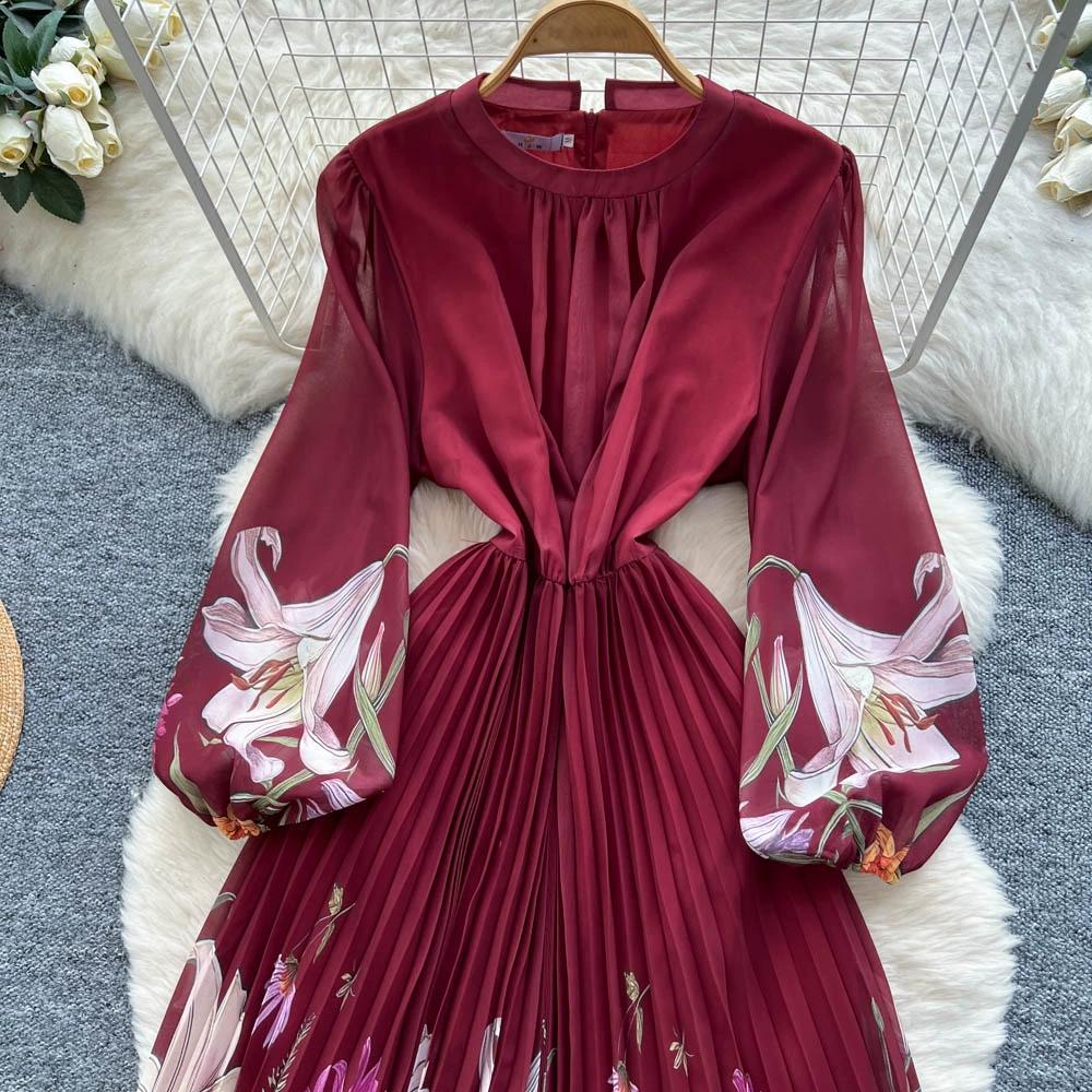 Платье с принтом высокого класса для женщин Весна Осень Приталенное и элегантное плиссированное длинное женское платье