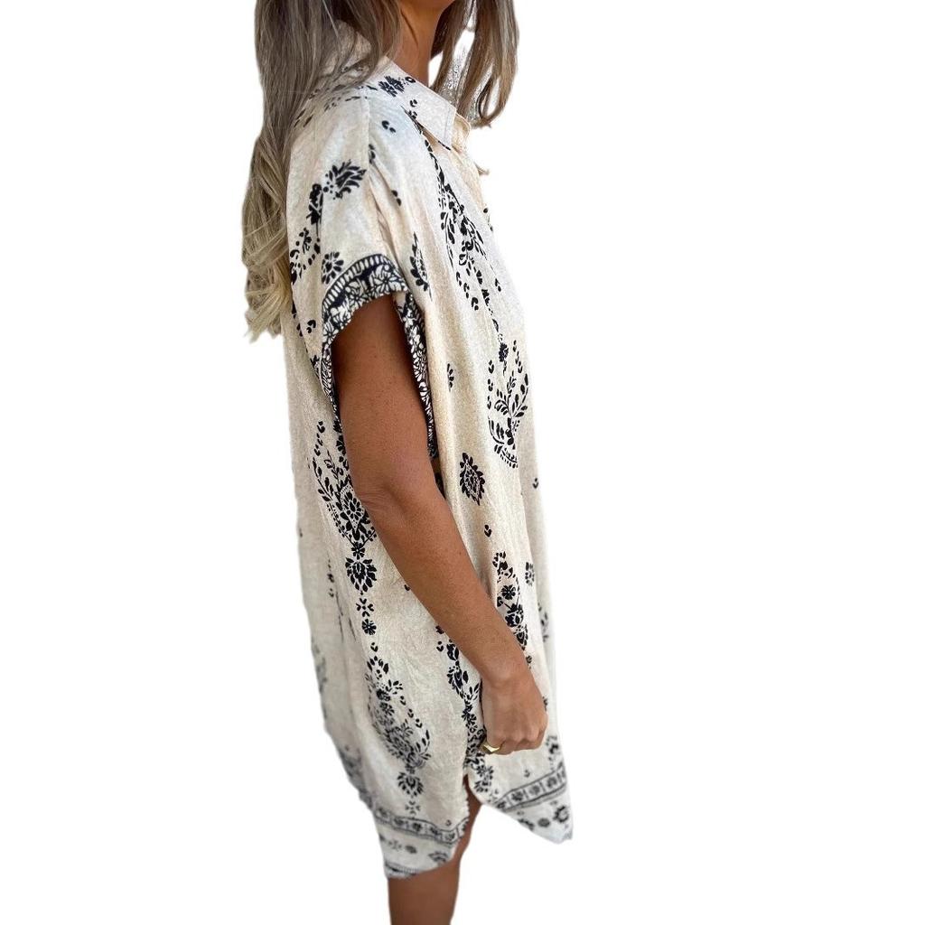 Amazon 2026 new European and American summer loose casual short-sleeved cotton and linen shirt pocket print dress women