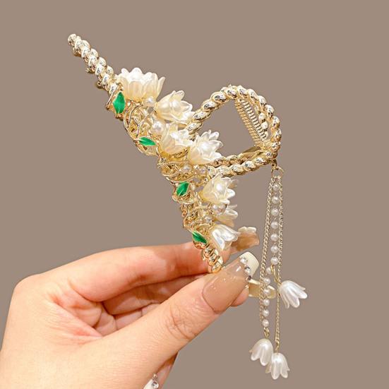 Women Hair Claw Shiny Rhinestones Faux Pearls Butterflies Decor Hair Clip Back Head Tassel Hair Decoration
