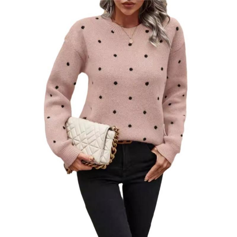 Women S Long Sleeve Crew Neck Pullover Sweater Polka Dot Jacquard Knit
