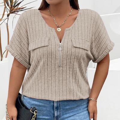 Весенние и летние модели, однотонные женские топы больших размеров, пуловер на молнии с короткими рукавами и искусственными карманами, свободная футболка