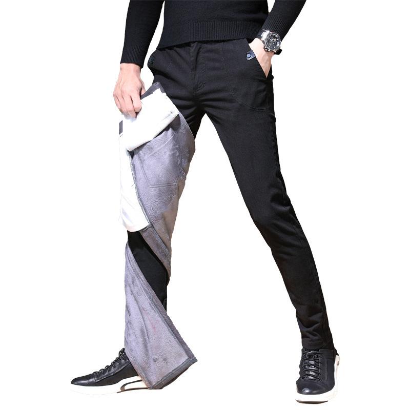 Новые повседневные мужские брюки Осень/Зима, эластичные, облегающие, с добавленным флисом и утолщенные