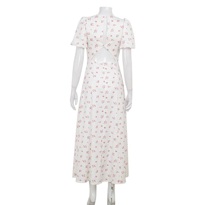 Women's Summer Fashion Floral Print Dress French Crew-neck Puffed Sleeve Split Dress