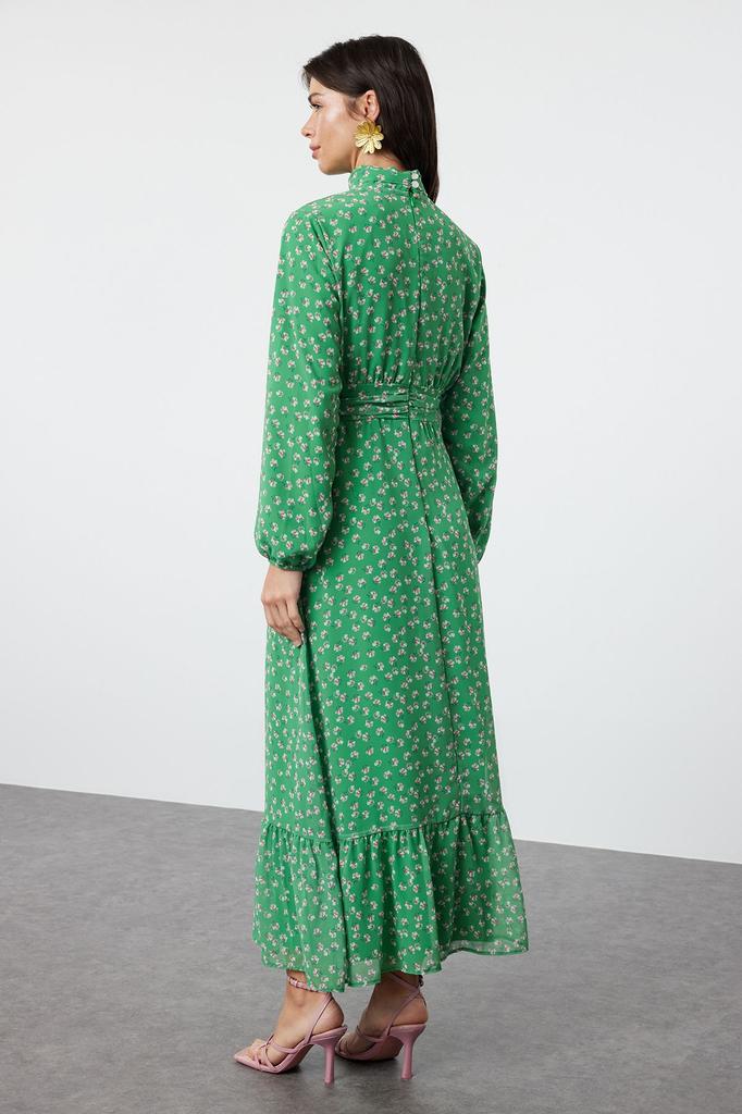 Женское стильное платье-хиджаб с зеленым цветочным принтом, высоким воротником и талией, на подкладке, шифоновое тканое платье