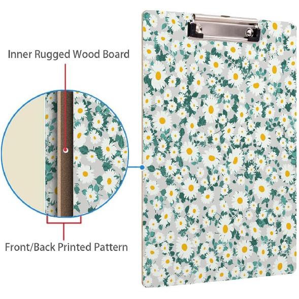 Britimes Clipboard Decorative Office School Hardboard Wood Nursing Clip Board and Pad for Standard A4 Letter Size Vintage Cute Flower Floral Daisy