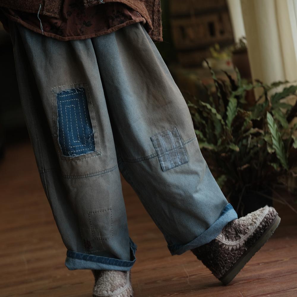 Johnature Женские винтажные пэчворк широкие брюки с эластичной талией свободные весенние брюки повседневные длинные брюки