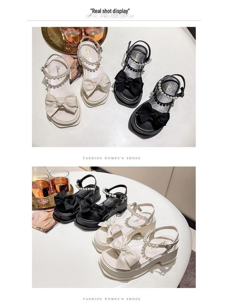 Women's 2025 Summer Fairy Style Platform Sandals with Bow and Pearls