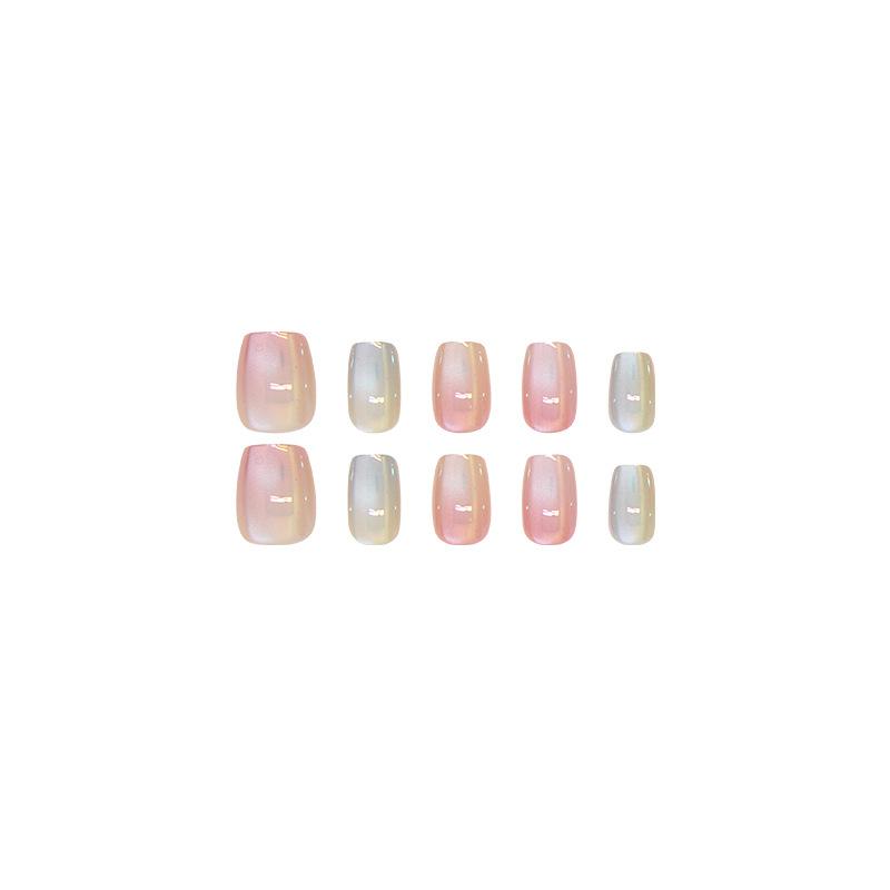10pcs Short Candy Color Rainbow Gradient Cat's Eye False Nails Square Head Girl Lady Press On Nail Wearable Detachable Nail Tips