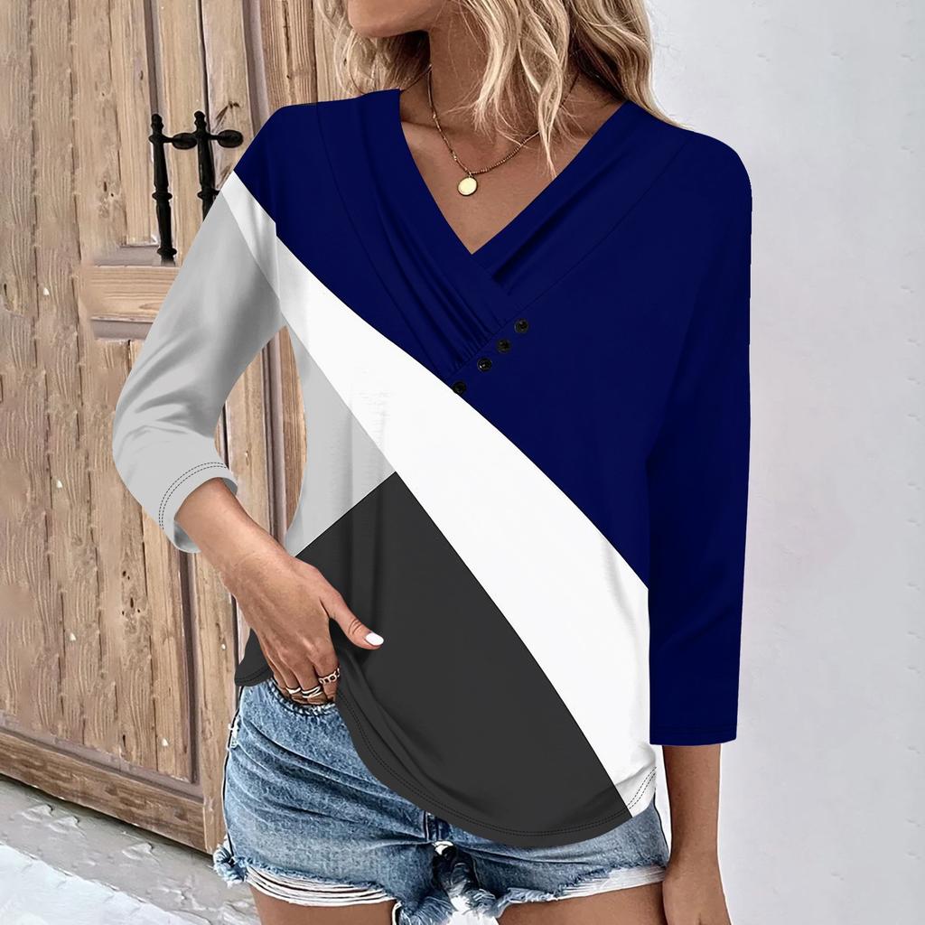 Womens 3/4 Sleeve Daily Weekend V Neck Casual Printed Tshirts Loose Fit Pleated Tees Ladies Blouse