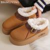 Fur Platform Women Cotton Slippers Short Plush Mid Heels Casual Shoes 2025 Trend Walking Warm Non-slip Winter Snow Botas Mujer