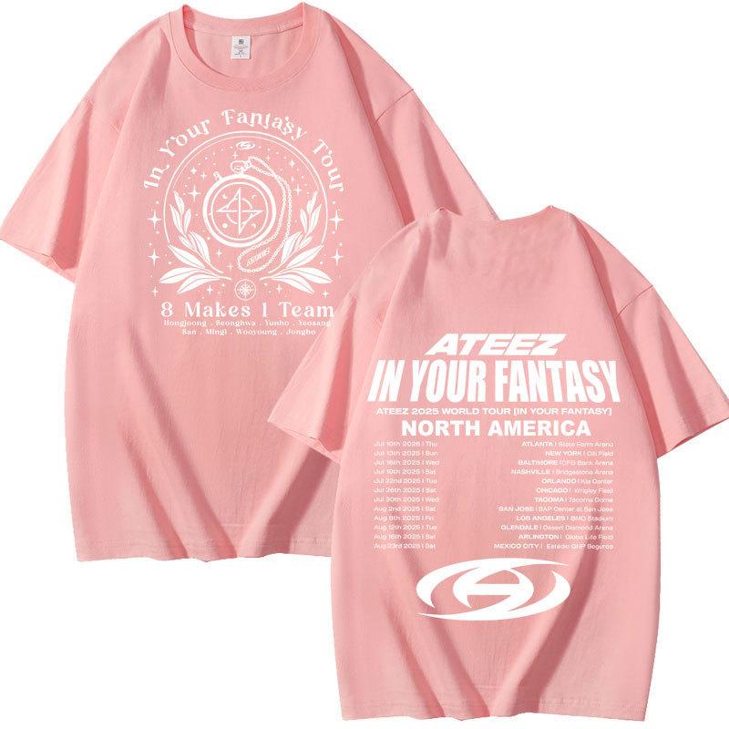 Винтажная футболка ATEEZ "In Your Fantasy", Спереди Белый Орнаментальный Значок с надписью "8 Makes 1 Team", Сзади Полный Список Дат Турне, Оверсайз Футболка для Фанатов K‑Pop