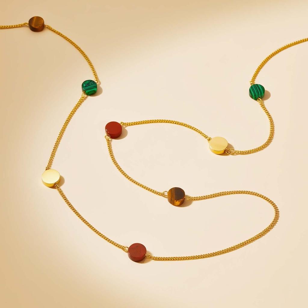 Chic Geometric Colored Beads Long Necklace, Stainless Steel Layered Sweater Chain Necklace, Stackable Fashion Jewelry for Women