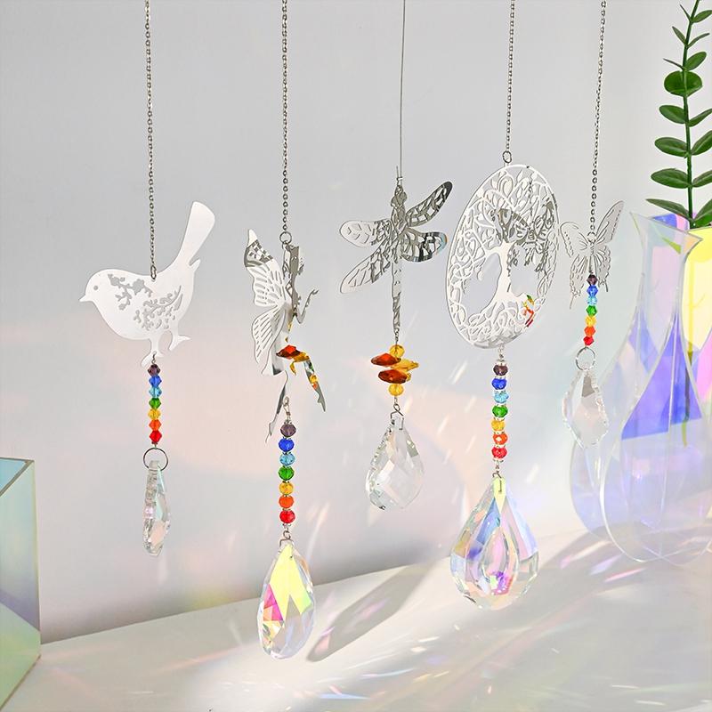 Crystal Suncatcher Sun Moon Tree Wind Chime Prisms Hanging Angel Butterfly Pendants Rainbow Chaser Garden Decor Window Drop Bell