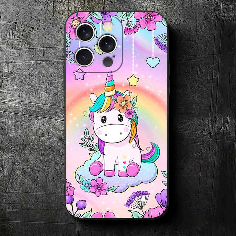 Pink Unicorn Rainbow Soft Phone Case for iPhone 16 16E 17 Air 15 Pro Max 14 Plus 13 Mini 11 12 7 Black Cover Back Shell